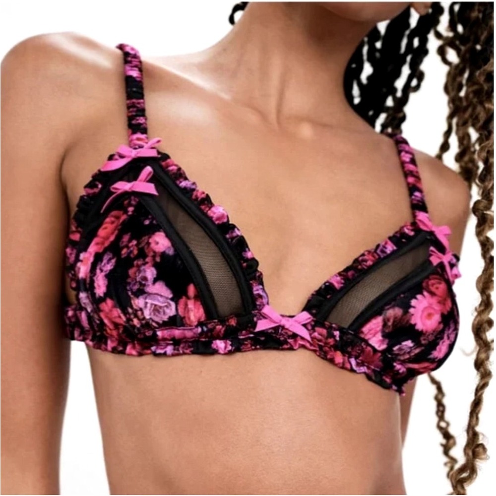 For Love & Lemons Floral Mesh Ruffle Bra Pink Black XL‎